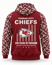 Chiefs Service all-over-print hoodie, original team colorway, back view, custom MILLER nameplate sample