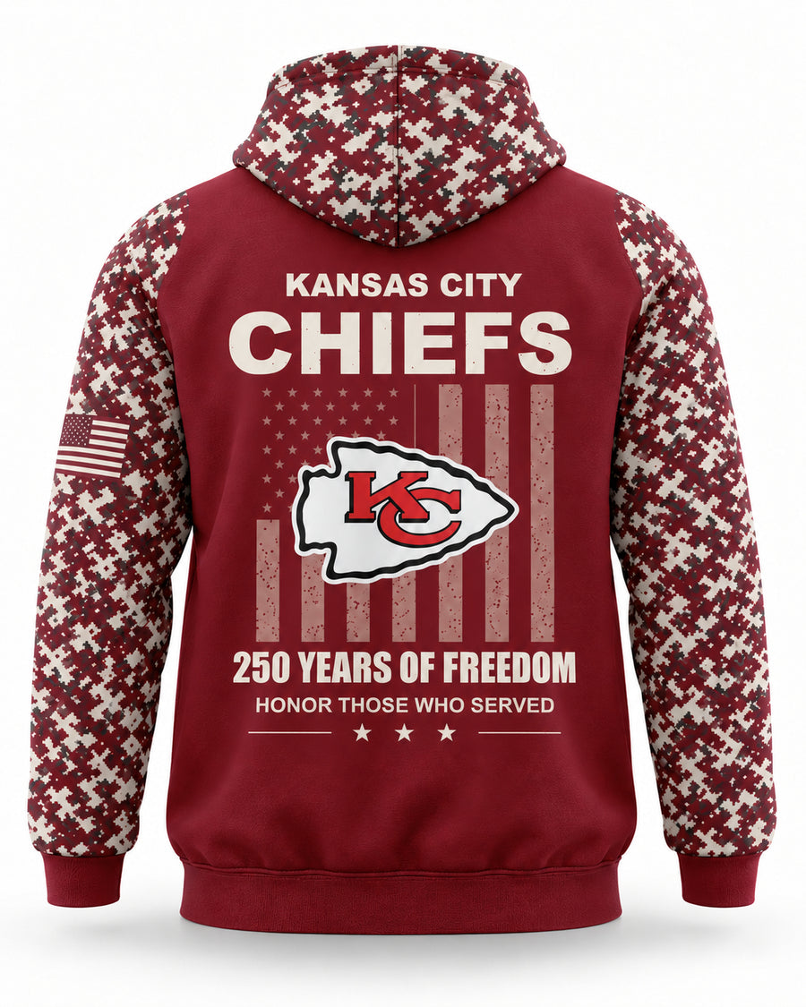 Chiefs Service all-over-print hoodie, original team colorway, back view, custom MILLER nameplate sample
