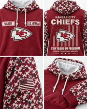 Chiefs Service all-over-print hoodie, original team colorway, detail collage, custom MILLER nameplate sample