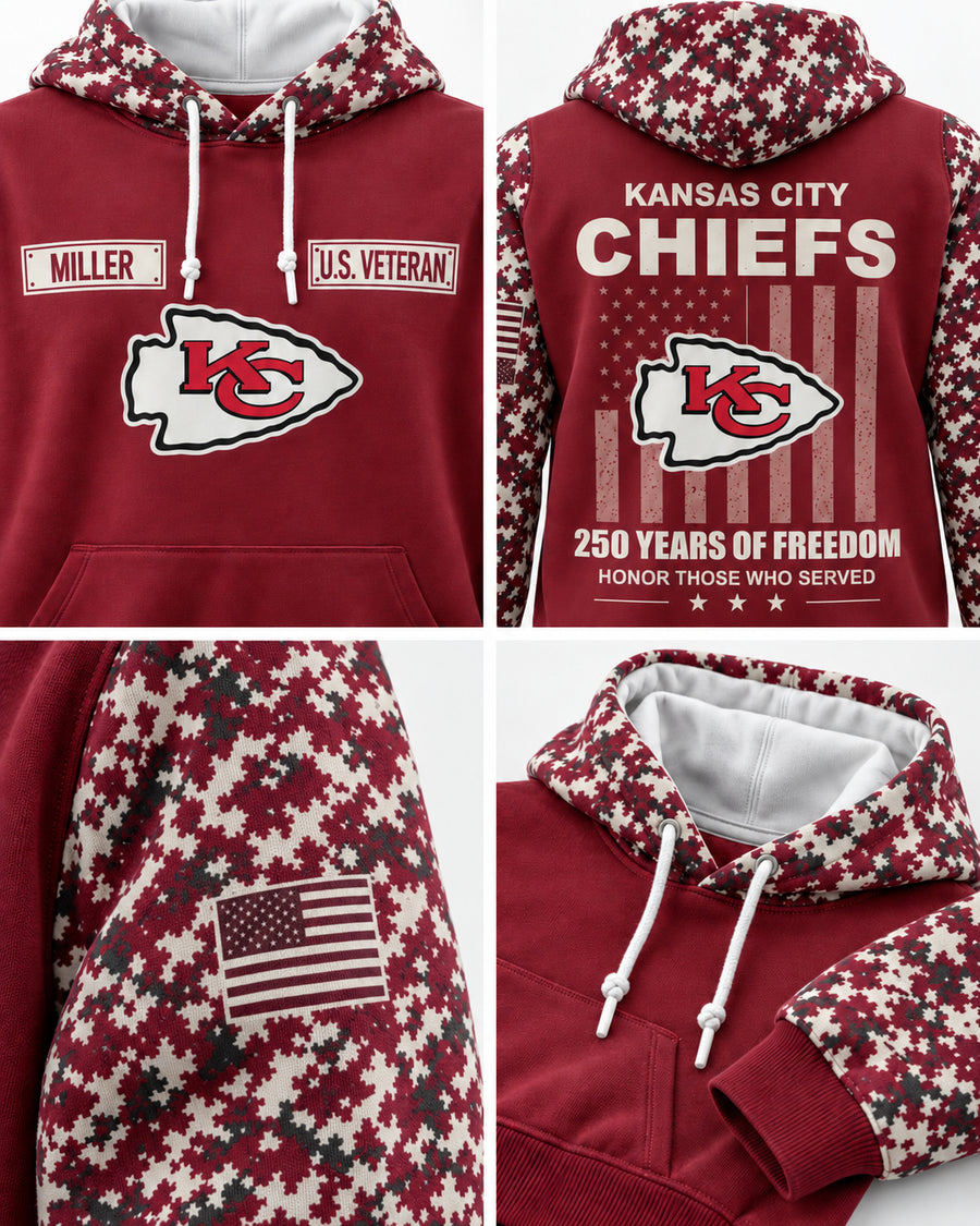 Chiefs Service all-over-print hoodie, original team colorway, detail collage, custom MILLER nameplate sample