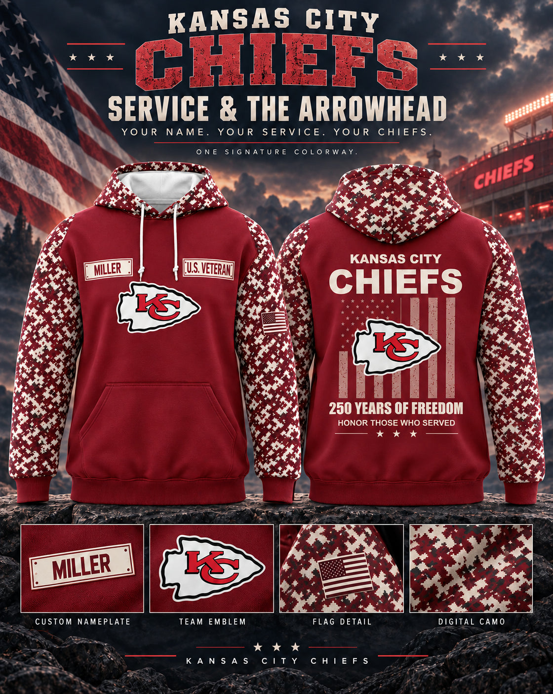 Chiefs Service all-over-print hoodie, original team colorway, front and back marketing poster, custom MILLER nameplate sample