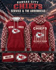 Chiefs Service all-over-print hoodie, original team colorway, front and back marketing poster, custom MILLER nameplate sample