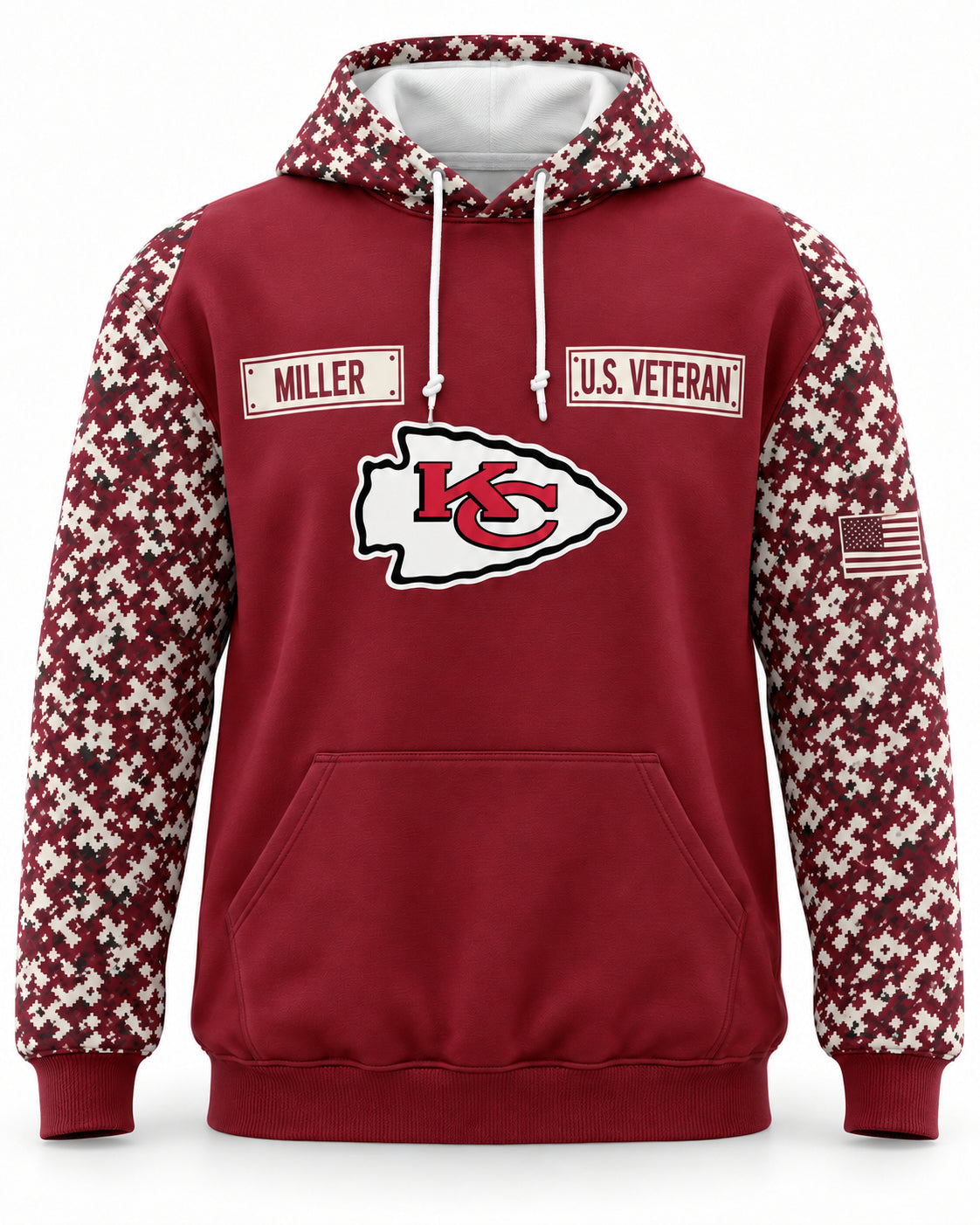 Chiefs Service all-over-print hoodie, original team colorway, front view, custom MILLER nameplate sample