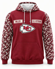 Chiefs Service all-over-print hoodie, original team colorway, front view, custom MILLER nameplate sample
