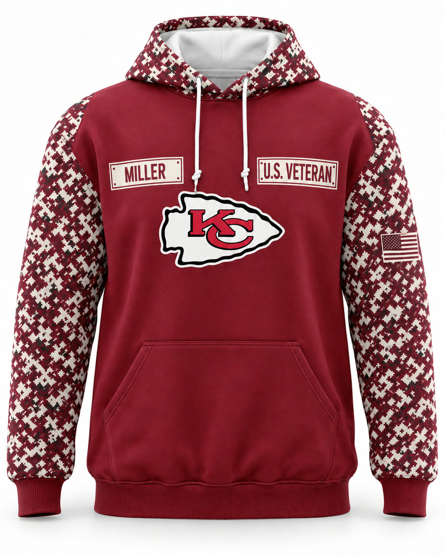 Chiefs Service all-over-print hoodie, original team colorway, front view, custom MILLER nameplate sample
