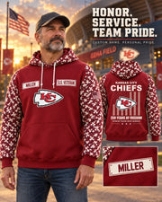 Chiefs Service all-over-print hoodie, original team colorway, lifestyle hero with model, custom MILLER nameplate sample